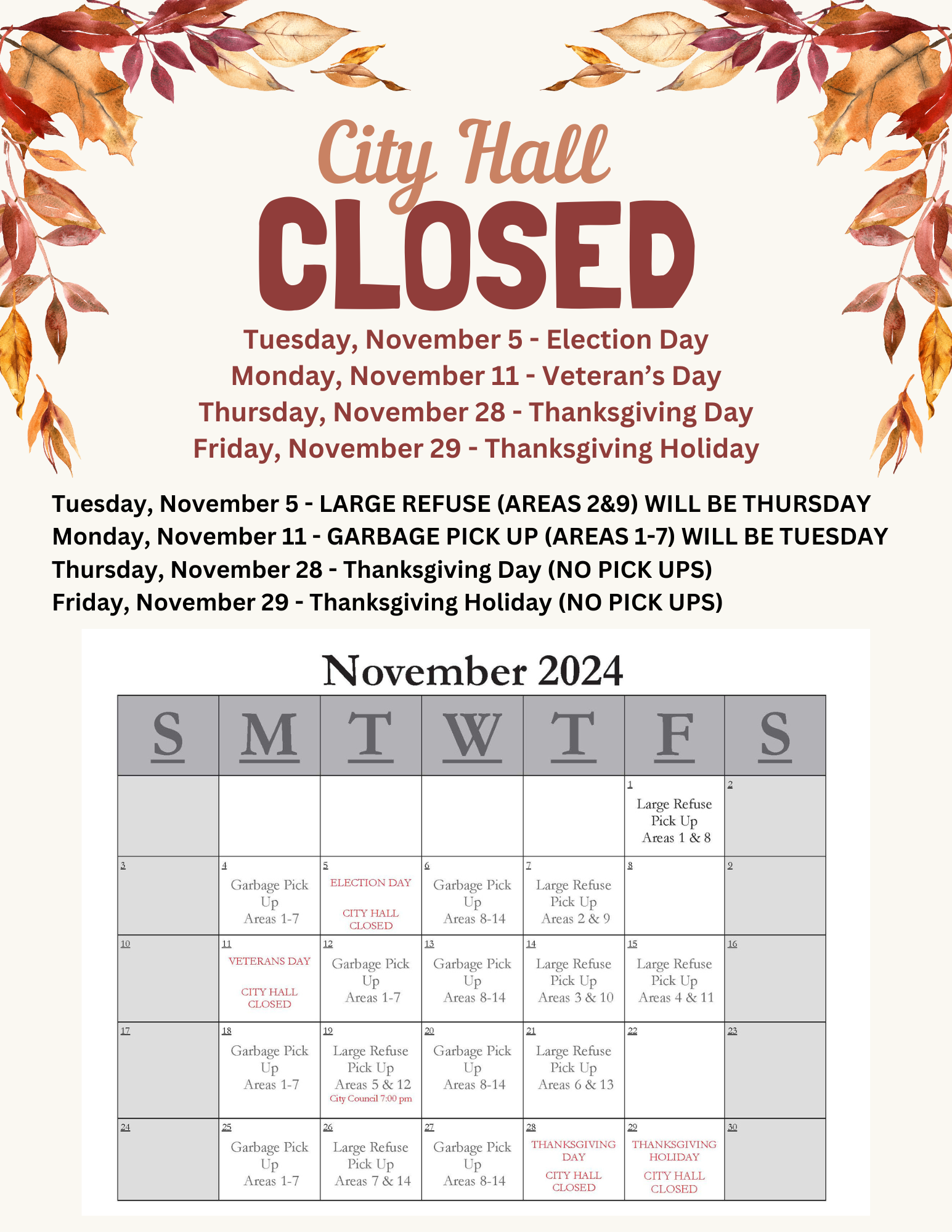 City Hall NOV 24 CLOSURES